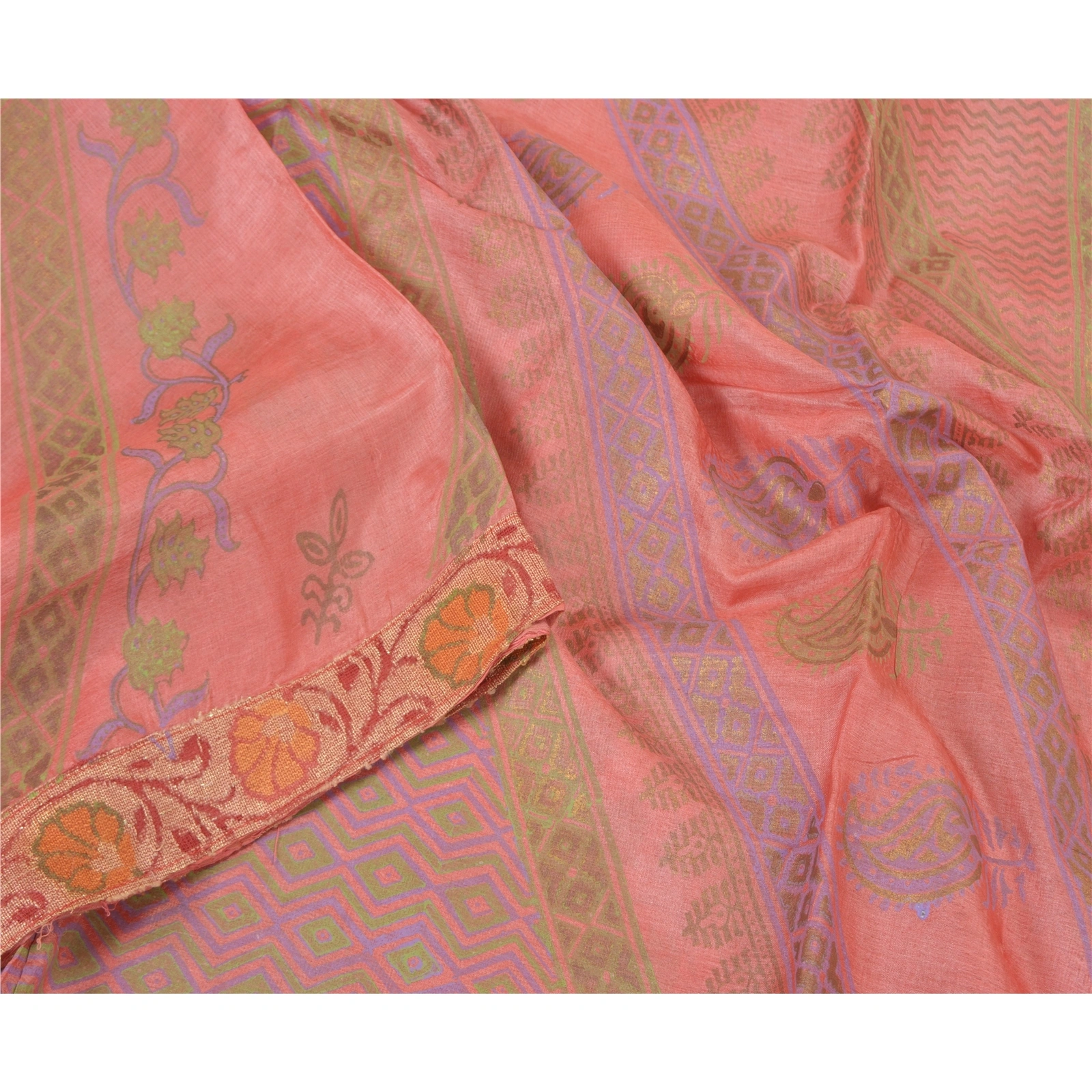 Sanskriti Vintage Sarees Indian Pink Printed Pure Silk Sari Floral Craft Fabric, PR-62352-Pink-Pure Silk-2