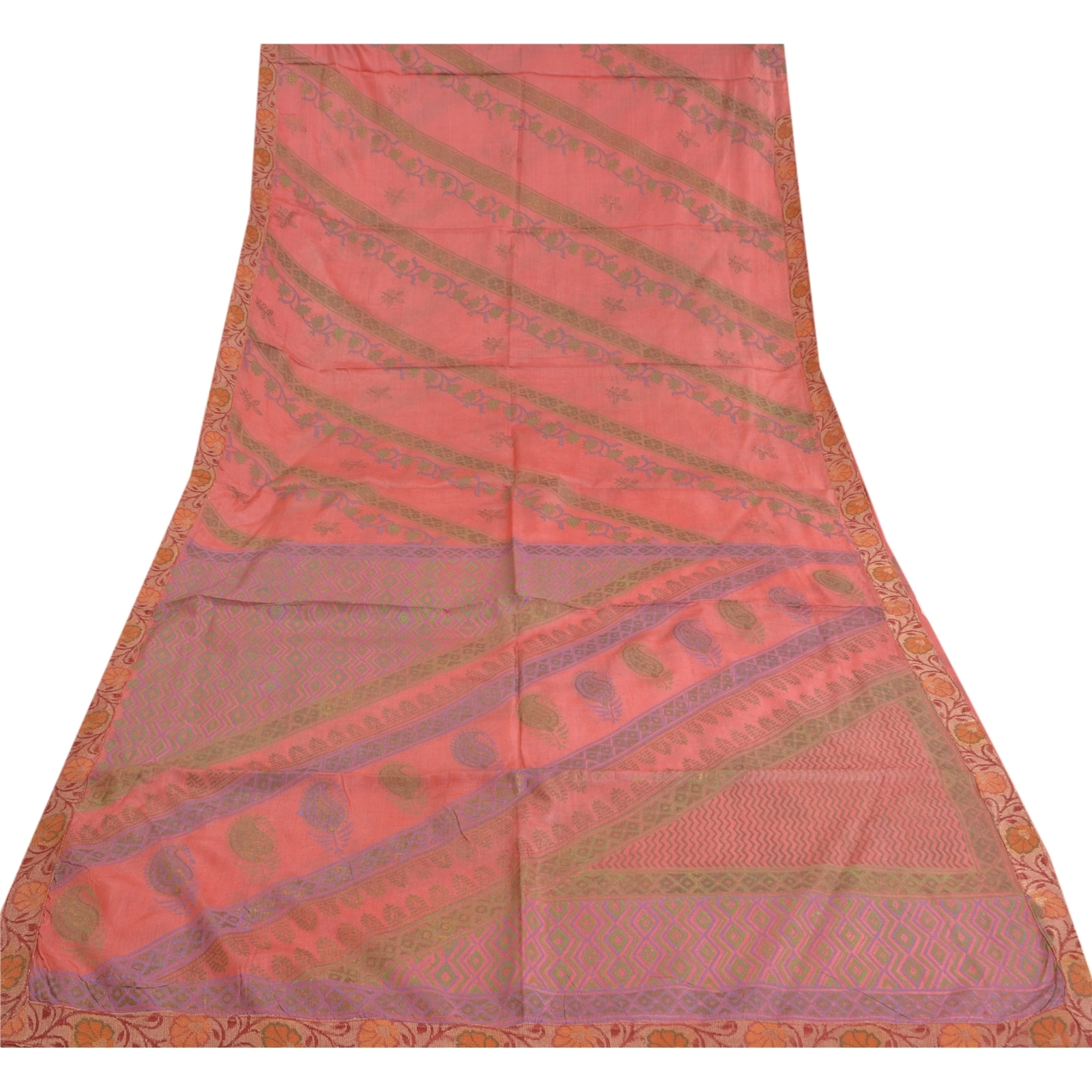 Sanskriti Vintage Sarees Indian Pink Printed Pure Silk Sari Floral Craft Fabric, PR-62352-Pink-Pure Silk-7