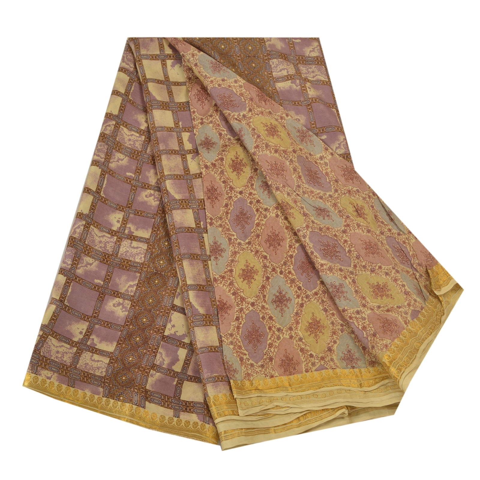 Sanskriti Vintage Sarees Multi Printed Pure Silk Zari Border Sari Craft Fabric, PR-62358-Multi-Pure Silk-6