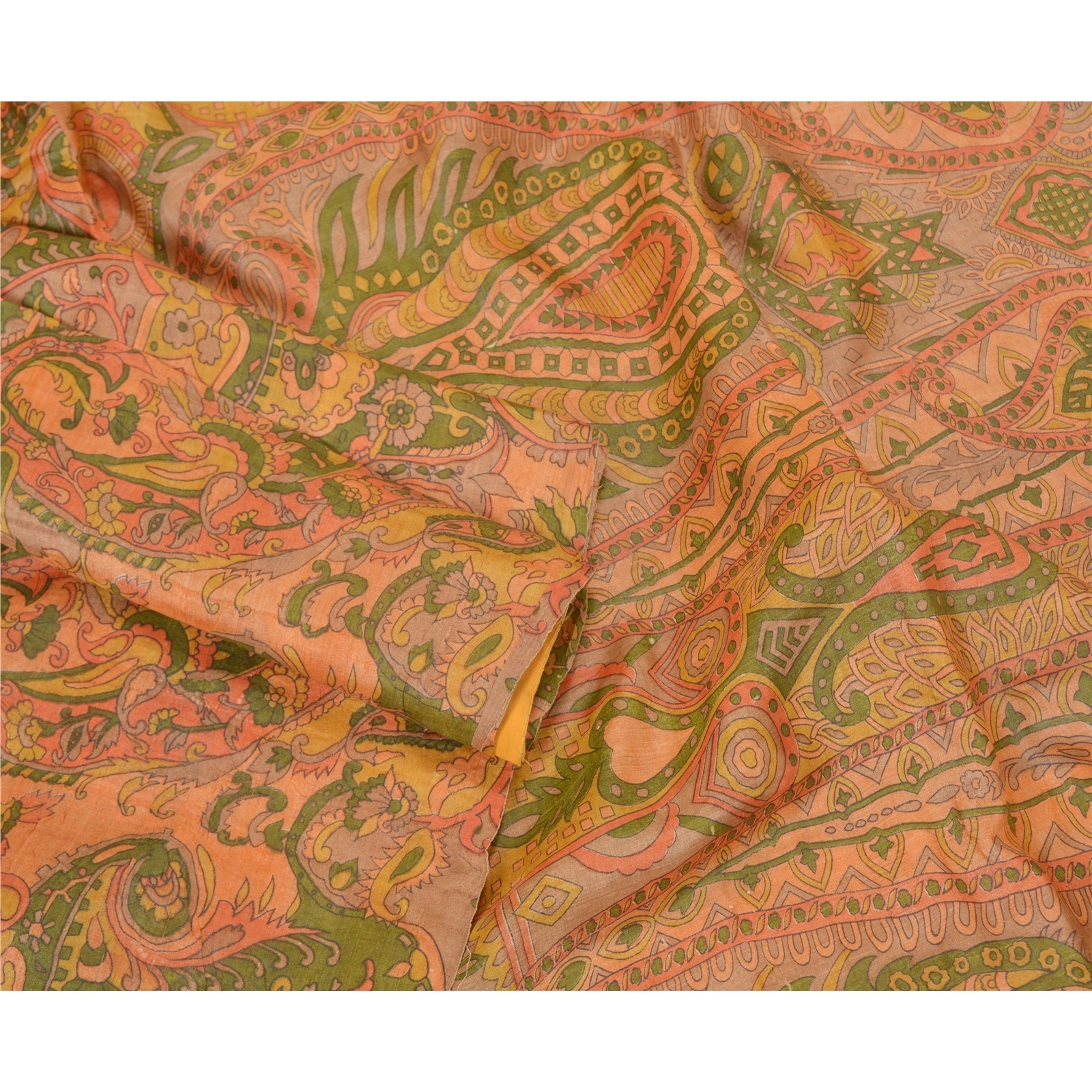 Sanskriti Vintage Sarees Indian Orange Printed Pure Silk Sari Soft Craft Fabric, PR-62359-Orange-Pure Silk-1