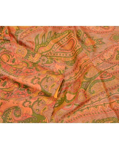 Sanskriti Vintage Sarees Indian Orange Printed Pure Silk Sari Soft Craft Fabric, PR-62359-Orange-Pure Silk-1