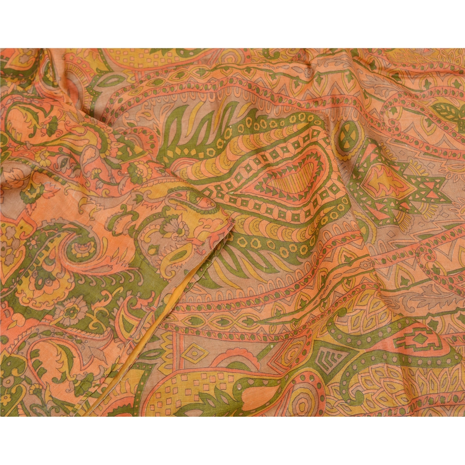 Sanskriti Vintage Sarees Indian Orange Printed Pure Silk Sari Soft Craft Fabric, PR-62359-Orange-Pure Silk-2