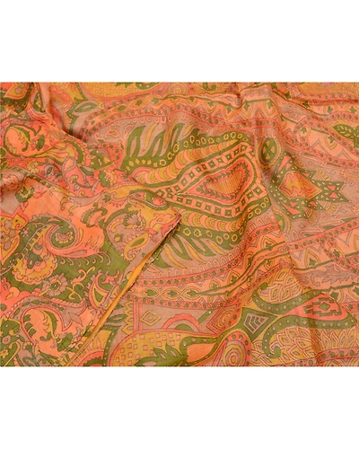 Sanskriti Vintage Sarees Indian Orange Printed Pure Silk Sari Soft Craft Fabric, PR-62359-Orange-Pure Silk-2