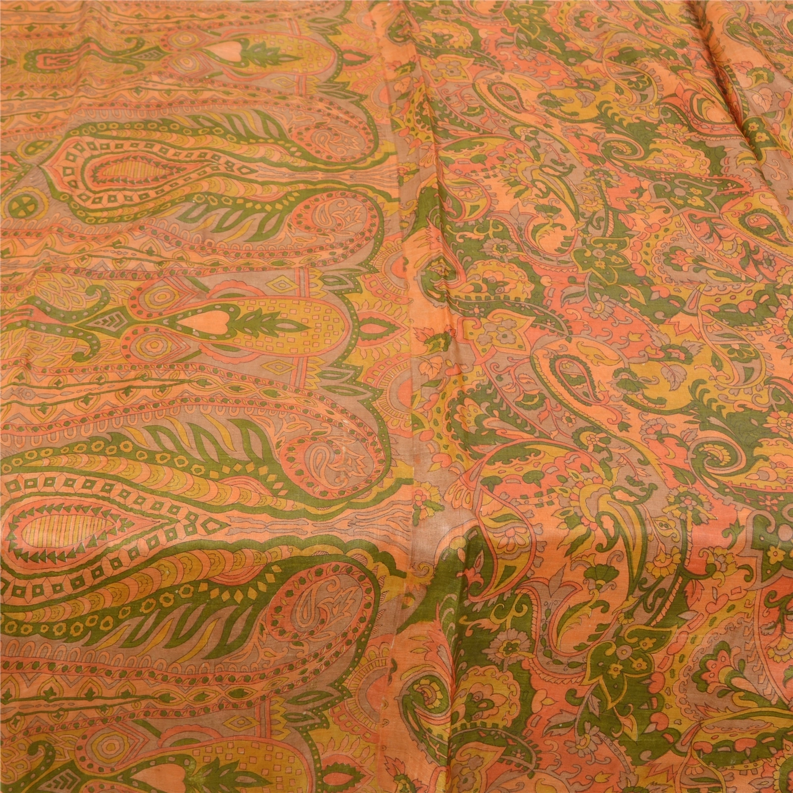 Sanskriti Vintage Sarees Indian Orange Printed Pure Silk Sari Soft Craft Fabric, PR-62359-Orange-Pure Silk-3