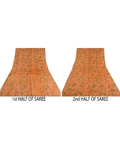 Sanskriti Vintage Sarees Indian Orange Printed Pure Silk Sari Soft Craft Fabric, PR-62359-Orange-Pure Silk-4