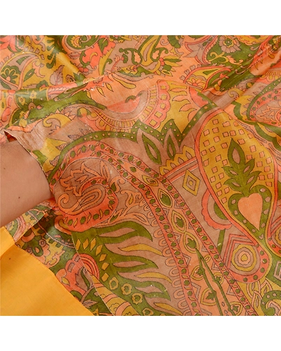 Sanskriti Vintage Sarees Indian Orange Printed Pure Silk Sari Soft Craft Fabric, PR-62359-Orange-Pure Silk-5