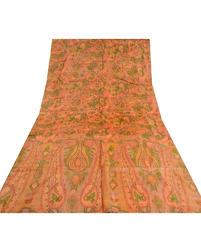 Sanskriti Vintage Sarees Indian Orange Printed Pure Silk Sari Soft Craft Fabric, PR-62359-Orange-Pure Silk-7