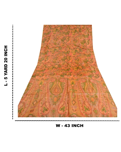 Sanskriti Vintage Sarees Indian Orange Printed Pure Silk Sari Soft Craft Fabric, PR-62359-Orange-Pure Silk-8