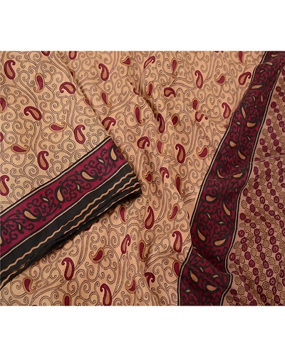 Sanskriti Vintage Sarees Pale Cream Pure Silk Printed Sari Soft 5Yd Craft Fabric, PR-62368-Pale-Cream-Pure Silk-2