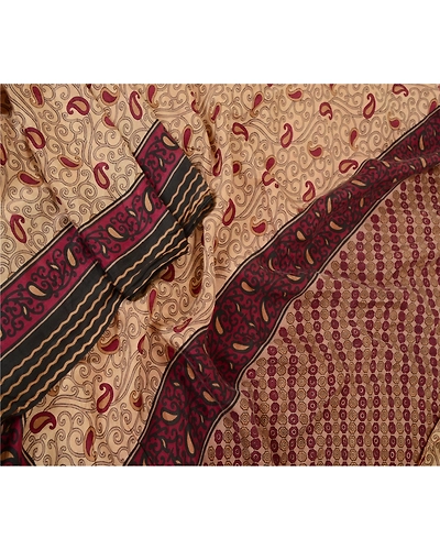 Sanskriti Vintage Sarees Pale Cream Pure Silk Printed Sari Soft 5Yd Craft Fabric, PR-62368-Pale-Cream-Pure Silk-3