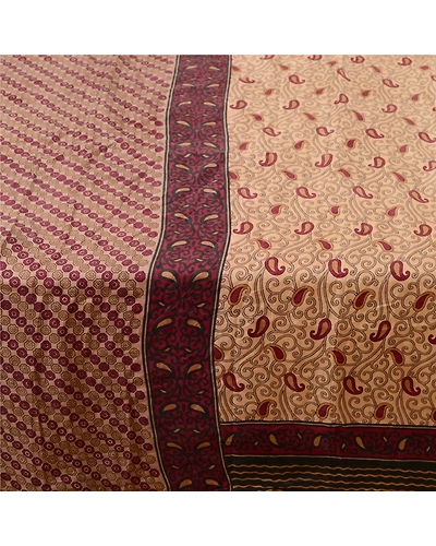 Sanskriti Vintage Sarees Pale Cream Pure Silk Printed Sari Soft 5Yd Craft Fabric, PR-62368-Pale-Cream-Pure Silk-4