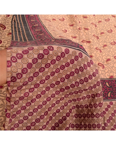 Sanskriti Vintage Sarees Pale Cream Pure Silk Printed Sari Soft 5Yd Craft Fabric, PR-62368-Pale-Cream-Pure Silk-6