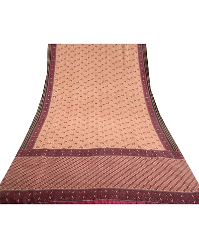 Sanskriti Vintage Sarees Pale Cream Pure Silk Printed Sari Soft 5Yd Craft Fabric, PR-62368-Pale-Cream-Pure Silk-8