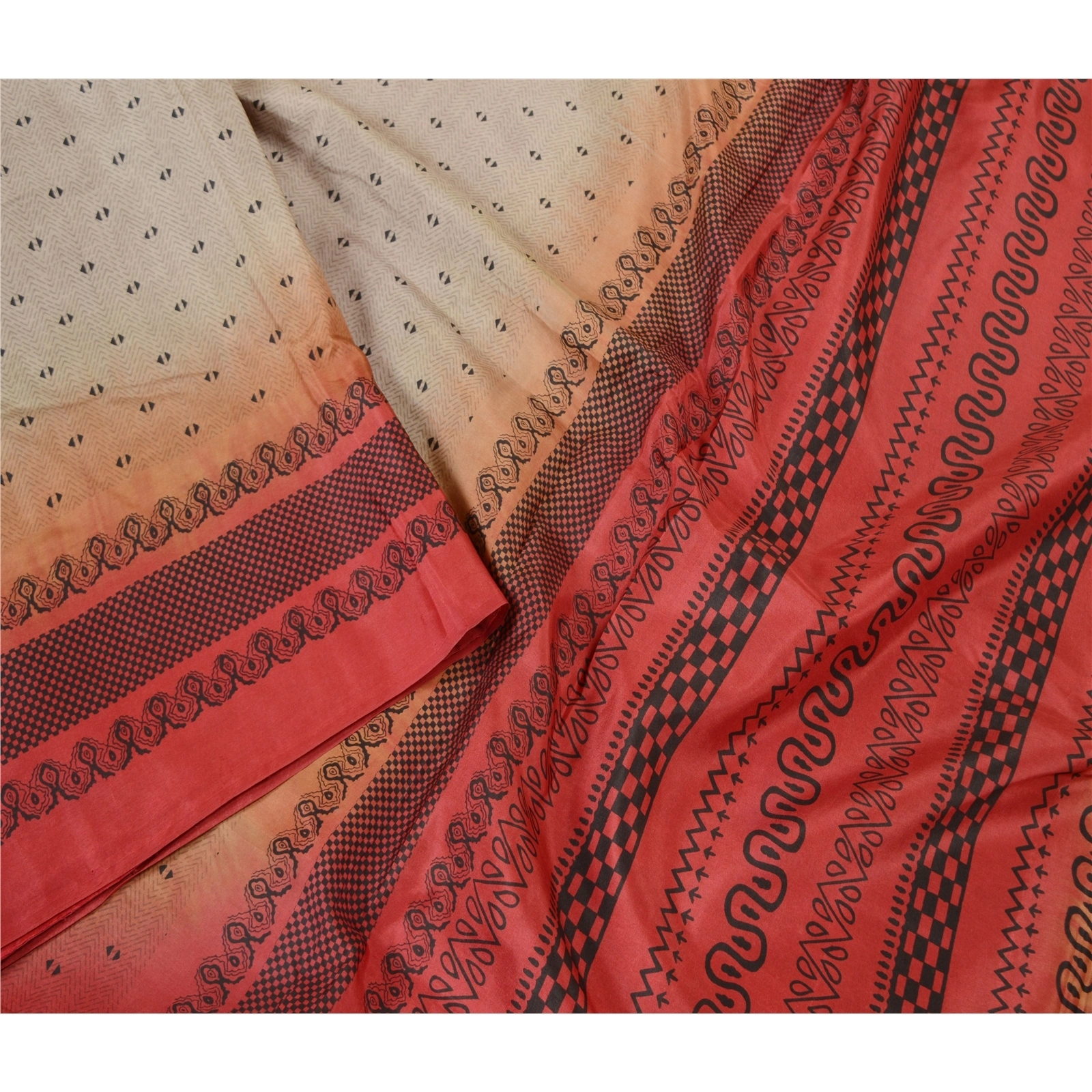 Sanskriti Vintage Sarees Cream &amp; Red Pure Silk Printed Sari Floral Craft Fabric, PR-62381-Pale-Cream &amp; Red-Pure Silk-1