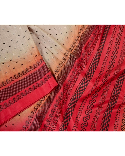 Sanskriti Vintage Sarees Cream &amp; Red Pure Silk Printed Sari Floral Craft Fabric, PR-62381-Pale-Cream &amp; Red-Pure Silk-1