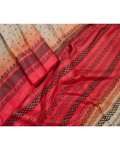 Sanskriti Vintage Sarees Cream &amp; Red Pure Silk Printed Sari Floral Craft Fabric, PR-62381-Pale-Cream &amp; Red-Pure Silk-2