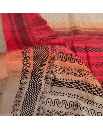 Sanskriti Vintage Sarees Cream &amp; Red Pure Silk Printed Sari Floral Craft Fabric, PR-62381-Pale-Cream &amp; Red-Pure Silk-5