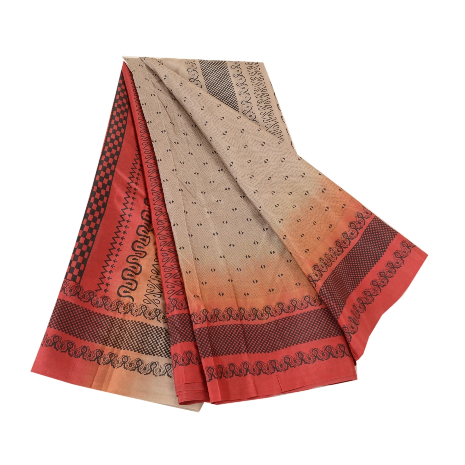 Sanskriti Vintage Sarees Cream &amp; Red Pure Silk Printed Sari Floral Craft Fabric, PR-62381-Pale-Cream &amp; Red-Pure Silk-6