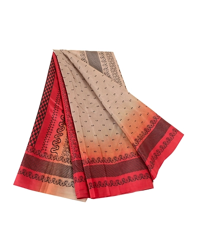 Sanskriti Vintage Sarees Cream &amp; Red Pure Silk Printed Sari Floral Craft Fabric, PR-62381-Pale-Cream &amp; Red-Pure Silk-6