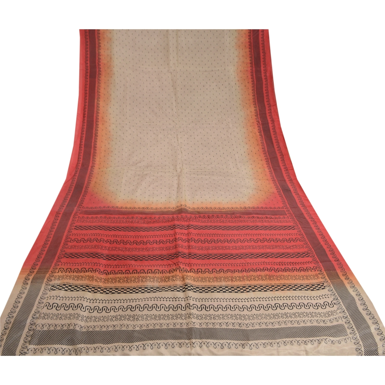 Sanskriti Vintage Sarees Cream &amp; Red Pure Silk Printed Sari Floral Craft Fabric, PR-62381-Pale-Cream &amp; Red-Pure Silk-7