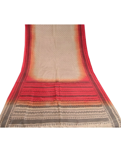Sanskriti Vintage Sarees Cream &amp; Red Pure Silk Printed Sari Floral Craft Fabric, PR-62381-Pale-Cream &amp; Red-Pure Silk-7