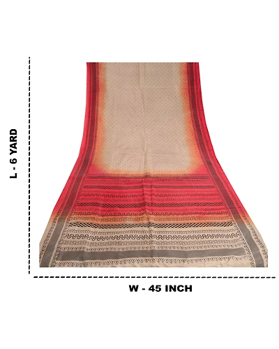 Sanskriti Vintage Sarees Cream &amp; Red Pure Silk Printed Sari Floral Craft Fabric, PR-62381-Pale-Cream &amp; Red-Pure Silk-8