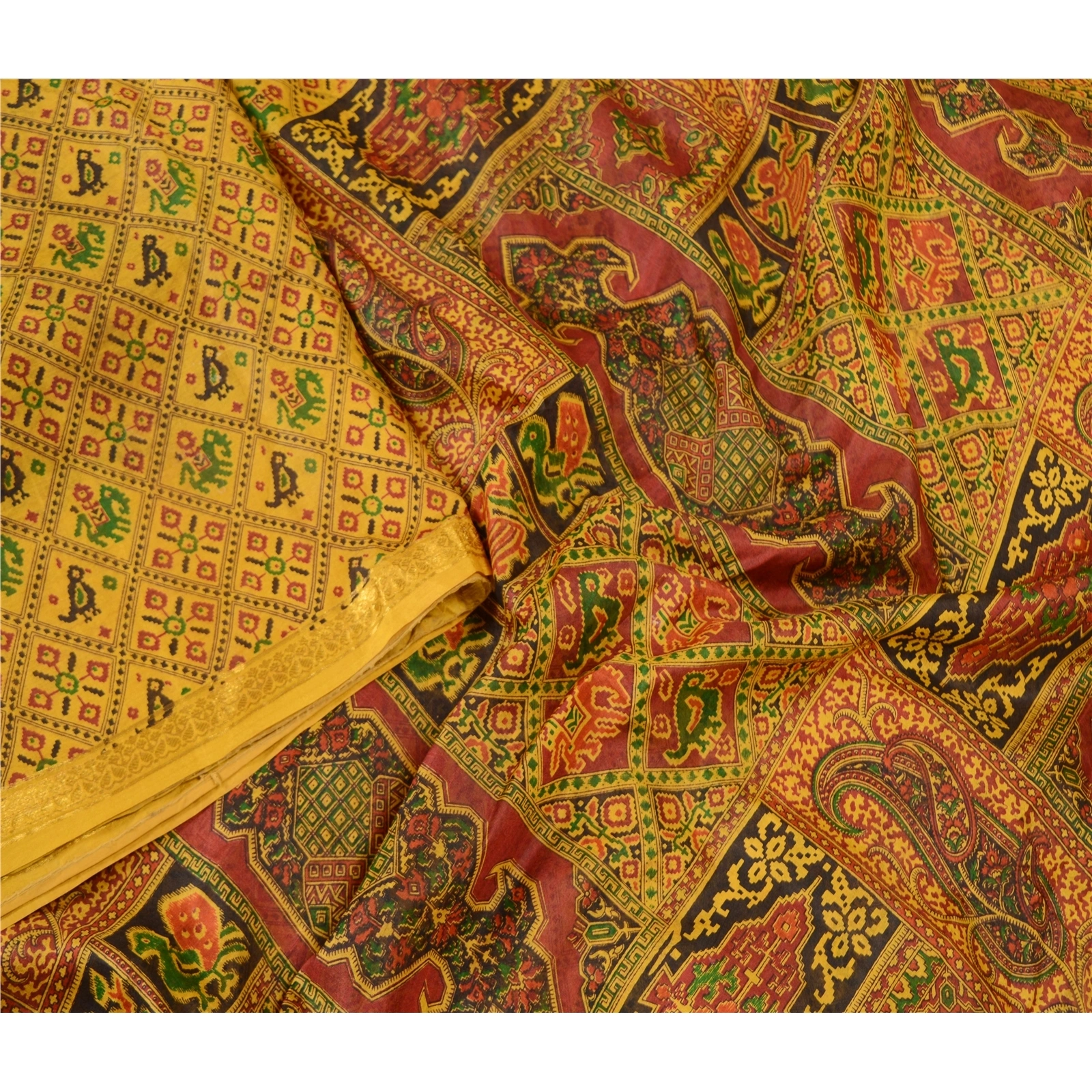 Sanskriti Vintage Sarees Green Pure Silk Printed Zari Border Sari Craft Fabric, PR-62385-Mustard Green-Pure Silk-1