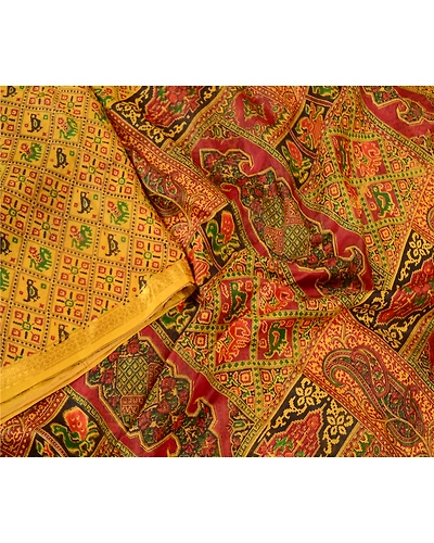 Sanskriti Vintage Sarees Green Pure Silk Printed Zari Border Sari Craft Fabric, PR-62385-Mustard Green-Pure Silk-1