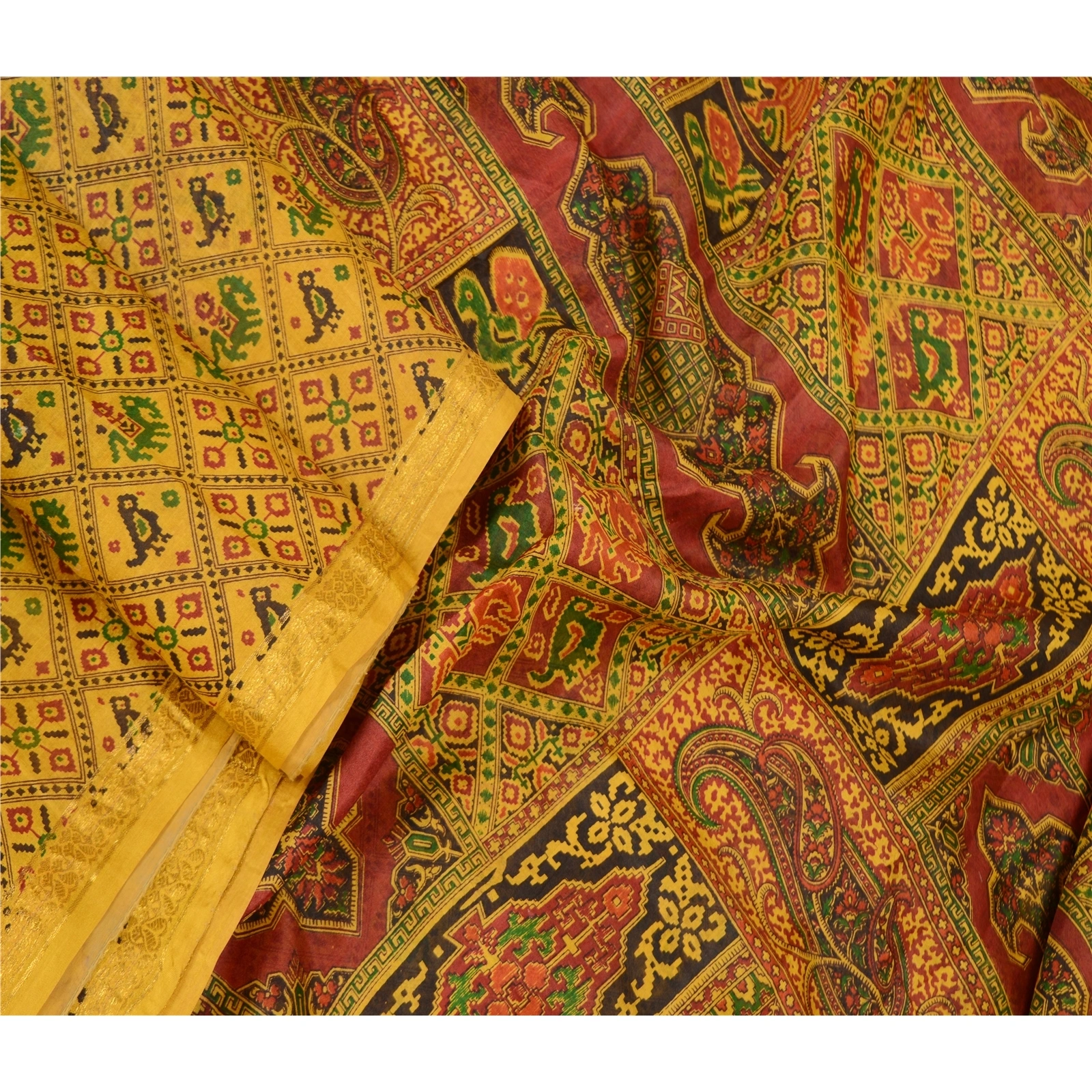 Sanskriti Vintage Sarees Green Pure Silk Printed Zari Border Sari Craft Fabric, PR-62385-Mustard Green-Pure Silk-2