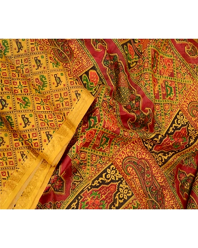Sanskriti Vintage Sarees Green Pure Silk Printed Zari Border Sari Craft Fabric, PR-62385-Mustard Green-Pure Silk-2