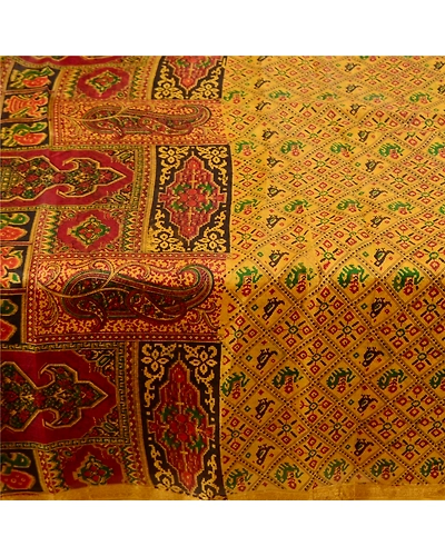 Sanskriti Vintage Sarees Green Pure Silk Printed Zari Border Sari Craft Fabric, PR-62385-Mustard Green-Pure Silk-3
