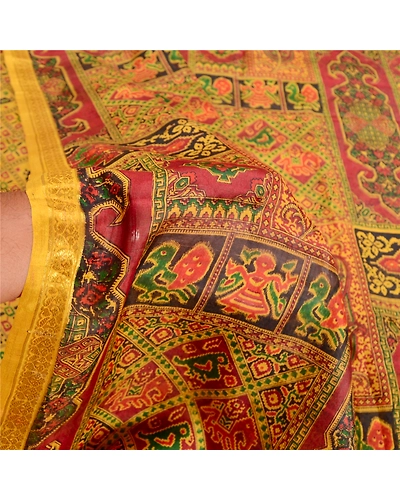 Sanskriti Vintage Sarees Green Pure Silk Printed Zari Border Sari Craft Fabric, PR-62385-Mustard Green-Pure Silk-5