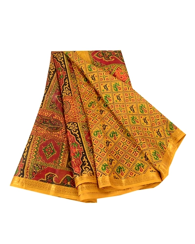 Sanskriti Vintage Sarees Green Pure Silk Printed Zari Border Sari Craft Fabric, PR-62385-Mustard Green-Pure Silk-6