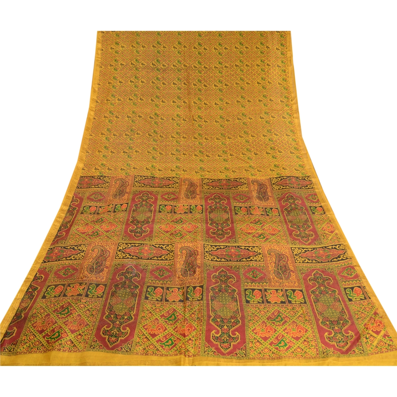 Sanskriti Vintage Sarees Green Pure Silk Printed Zari Border Sari Craft Fabric, PR-62385-Mustard Green-Pure Silk-7