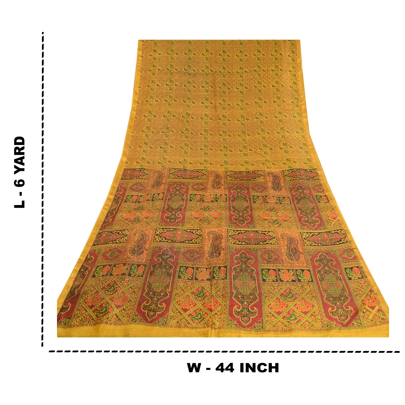 Sanskriti Vintage Sarees Green Pure Silk Printed Zari Border Sari Craft Fabric, PR-62385-Mustard Green-Pure Silk-8