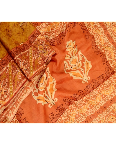 Sanskriti Vintage Sarees Green Batik Printed Pure Silk Sari Floral Craft Fabric, PR-62404-Green-Pure Silk-2