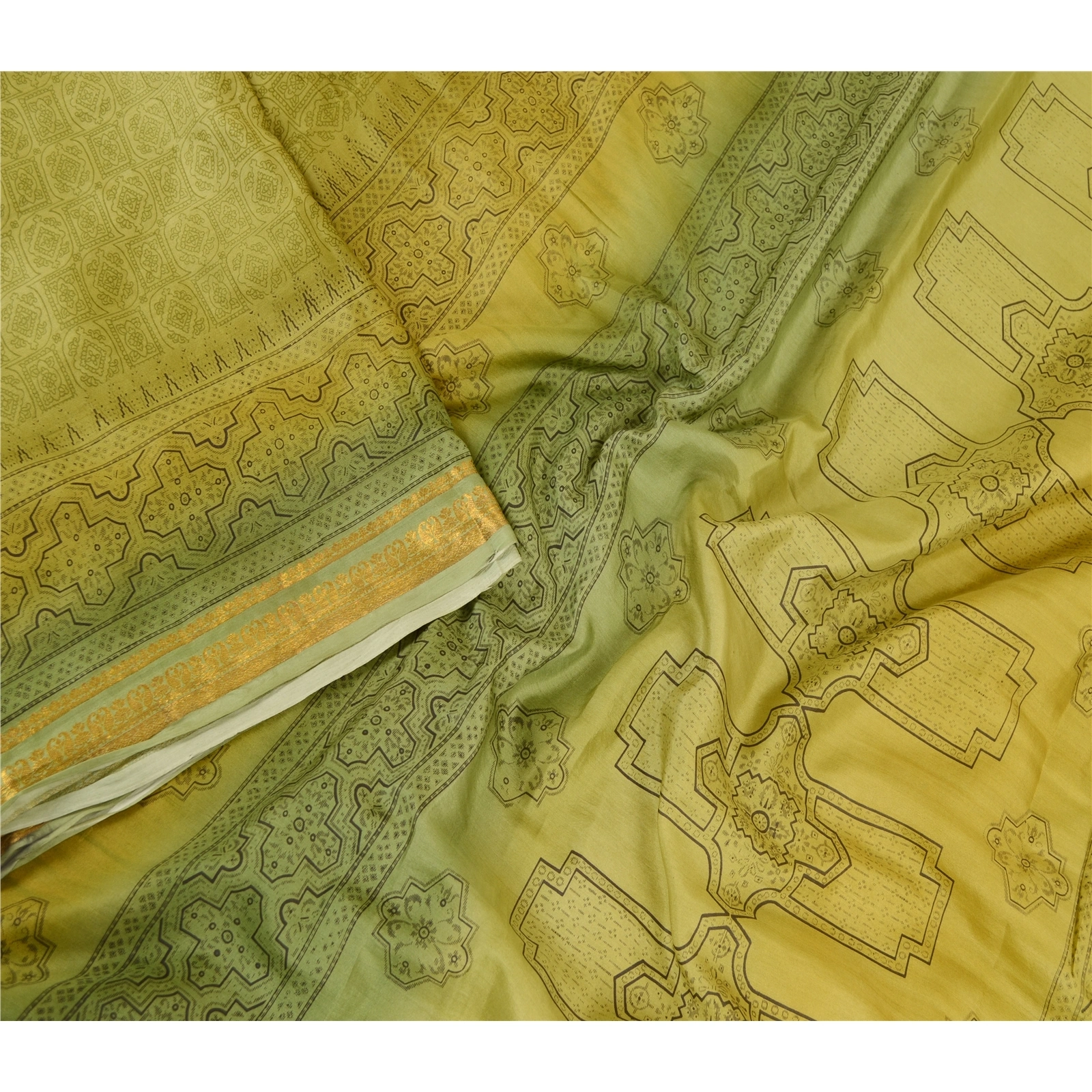 Sanskriti Vintage Sarees Green Printed Pure Silk Sari Zari Border Craft Fabric, PR-62405-Green-Pure Silk-1