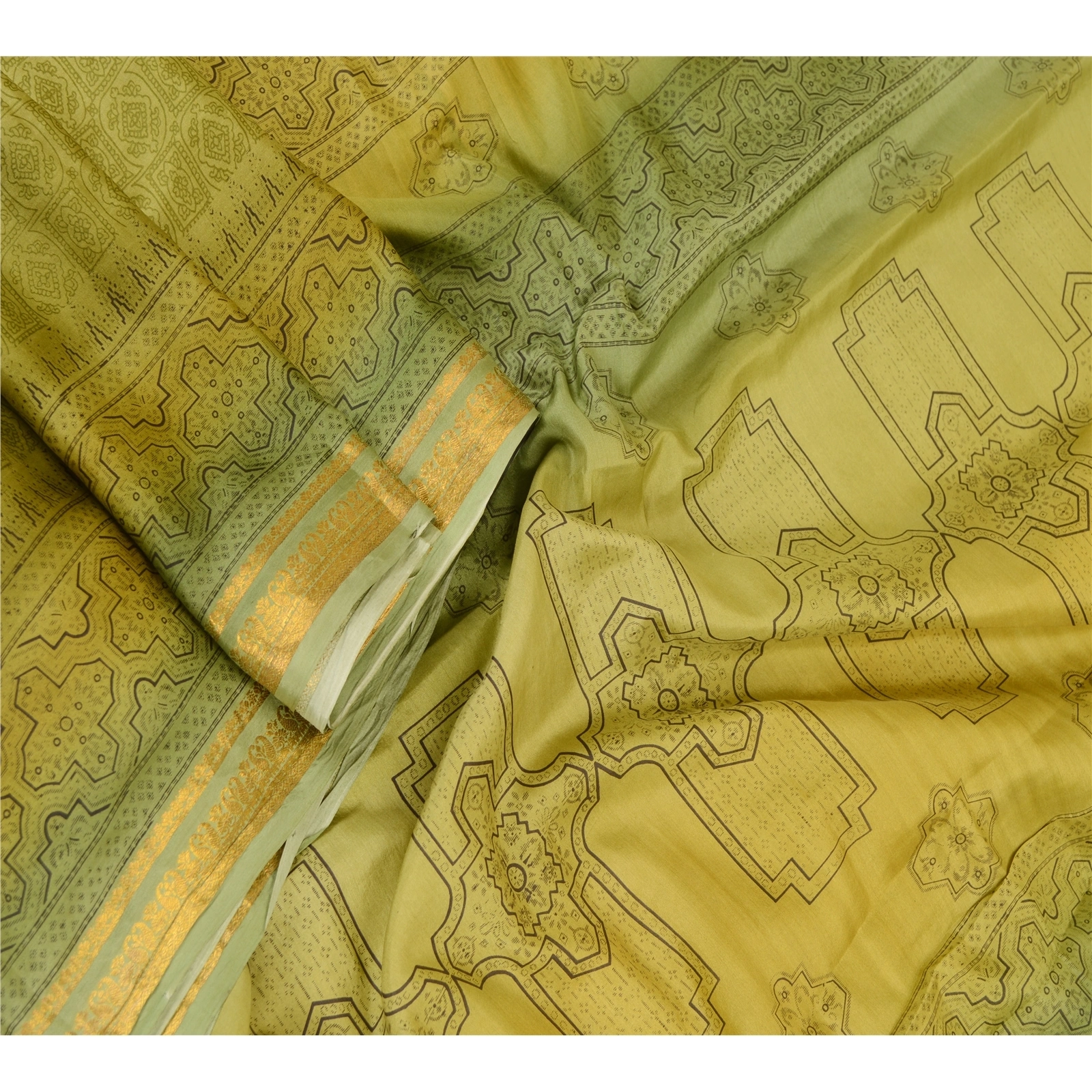 Sanskriti Vintage Sarees Green Printed Pure Silk Sari Zari Border Craft Fabric, PR-62405-Green-Pure Silk-2