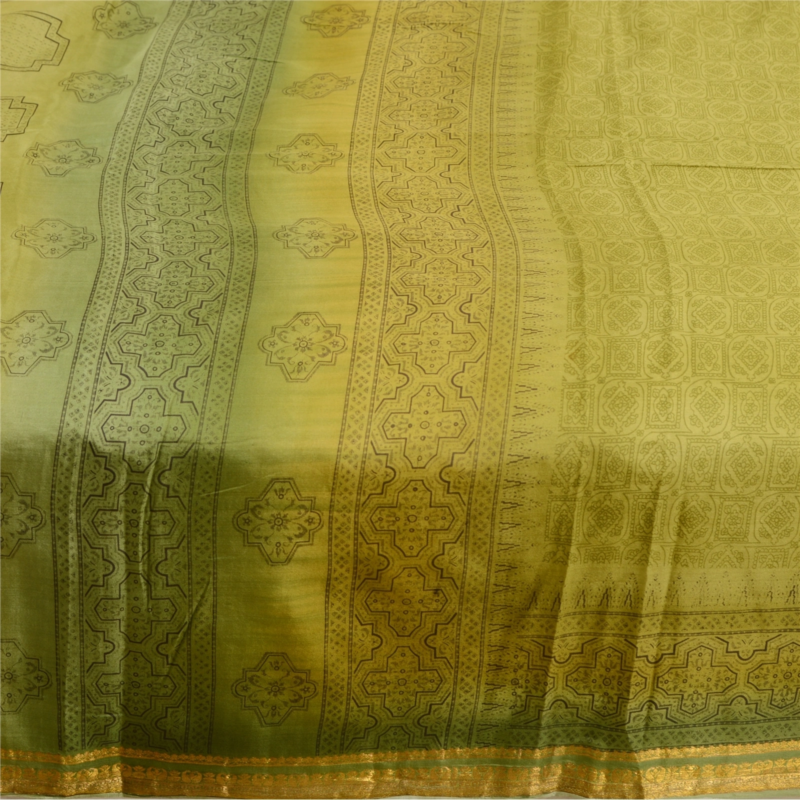 Sanskriti Vintage Sarees Green Printed Pure Silk Sari Zari Border Craft Fabric, PR-62405-Green-Pure Silk-3