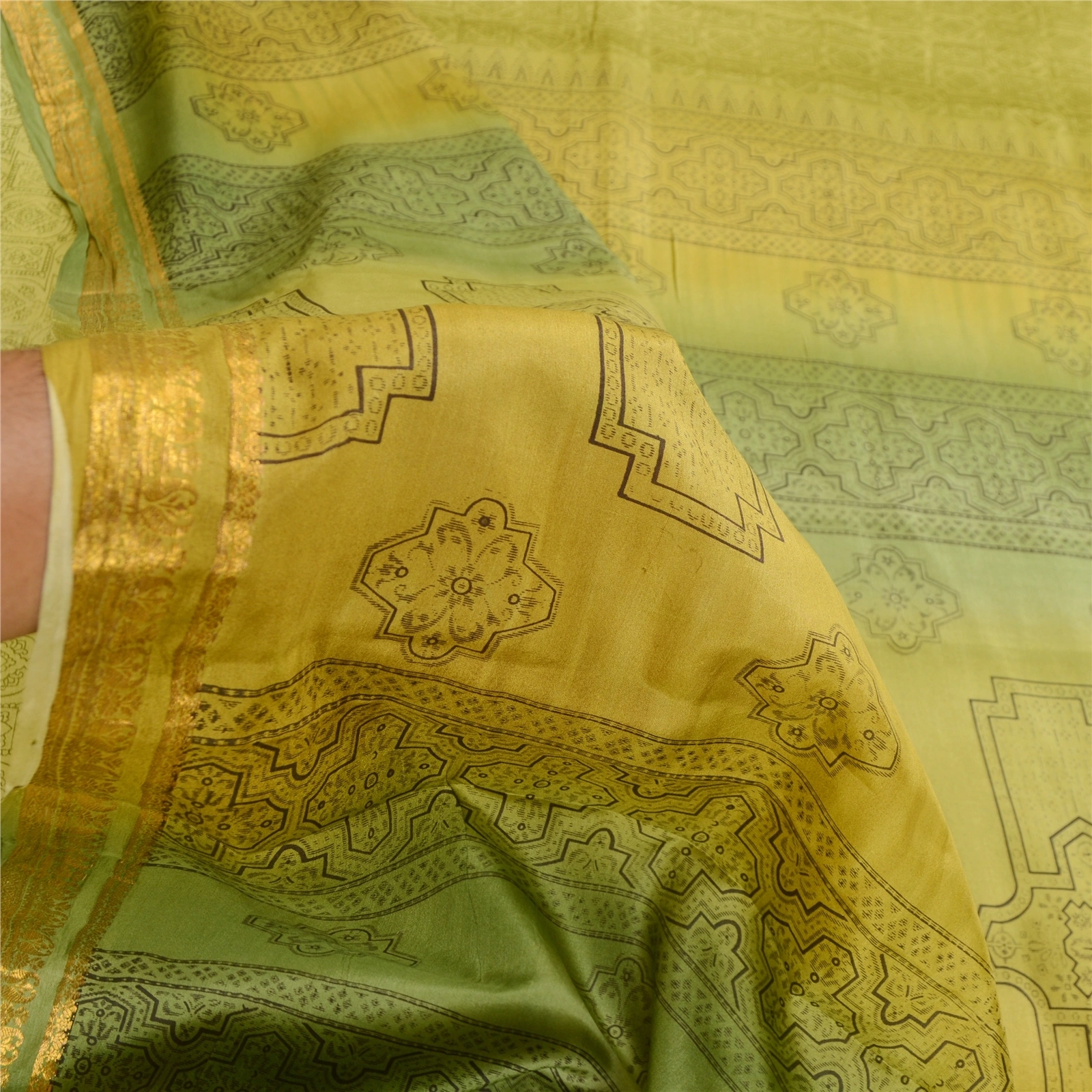 Sanskriti Vintage Sarees Green Printed Pure Silk Sari Zari Border Craft Fabric, PR-62405-Green-Pure Silk-5