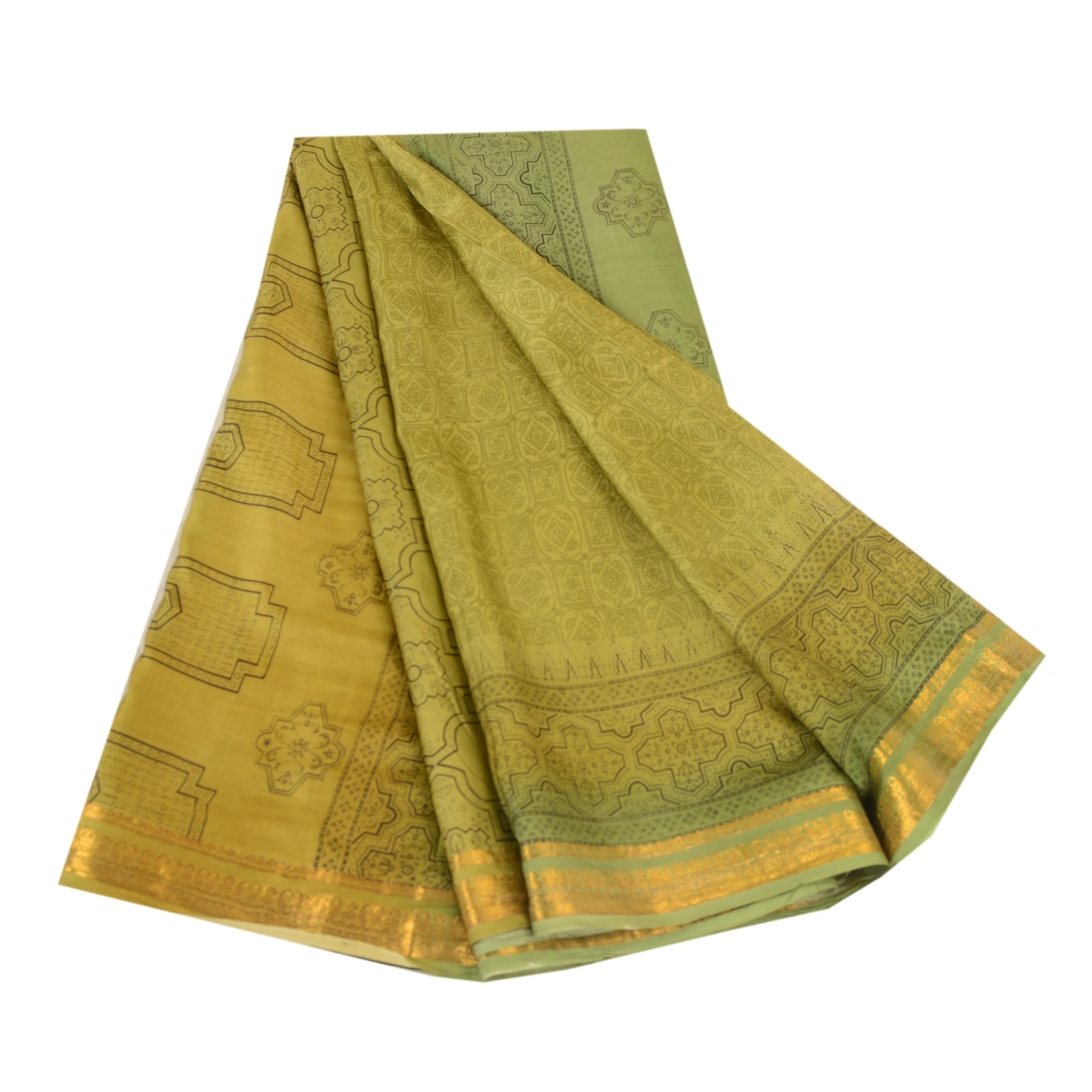 Sanskriti Vintage Sarees Green Printed Pure Silk Sari Zari Border Craft Fabric, PR-62405-Green-Pure Silk-6