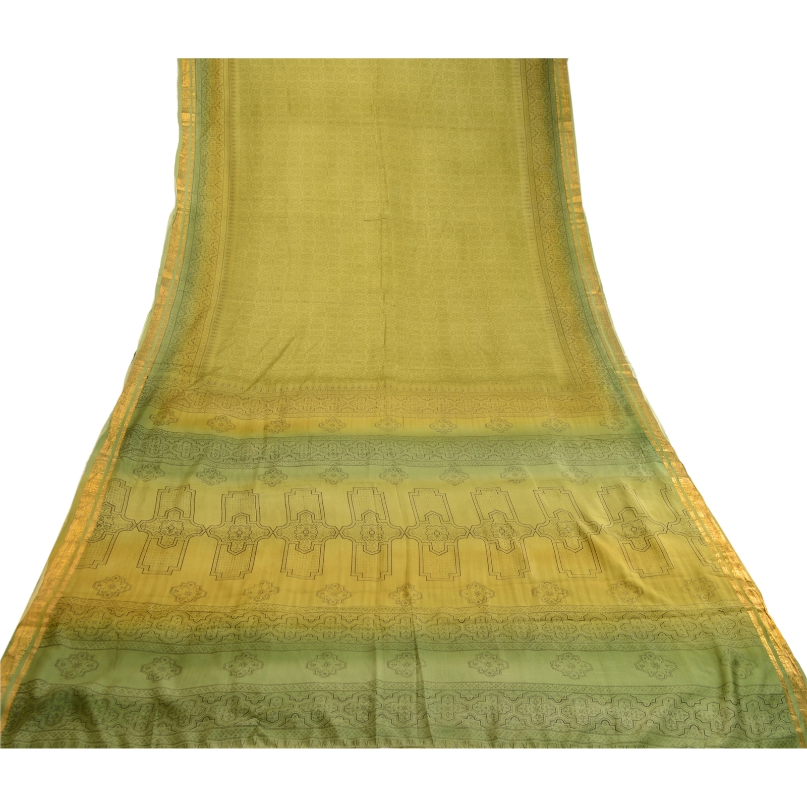 Sanskriti Vintage Sarees Green Printed Pure Silk Sari Zari Border Craft Fabric, PR-62405-Green-Pure Silk-7