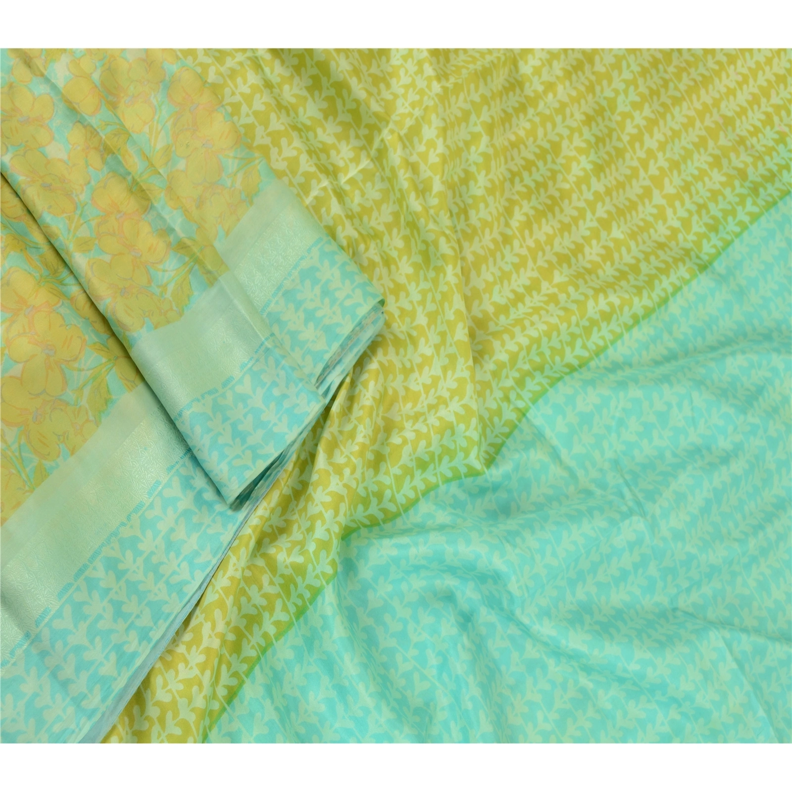 Sanskriti Vintage Green Indian Sarees 100% Pure Silk Printed Sari Craft Fabric, PR-62418-Green &amp; Blue-100% Pure Silk-2