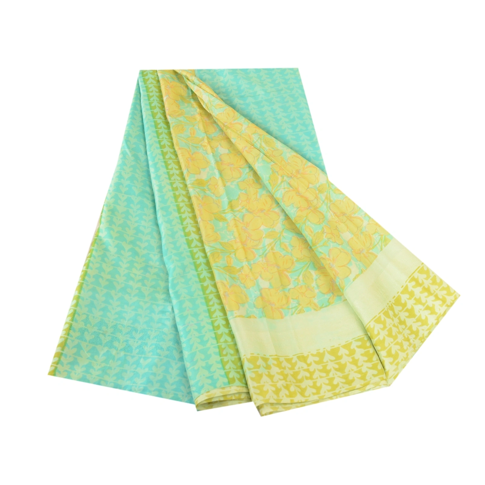 Sanskriti Vintage Green Indian Sarees 100% Pure Silk Printed Sari Craft Fabric, PR-62418-Green &amp; Blue-100% Pure Silk-7