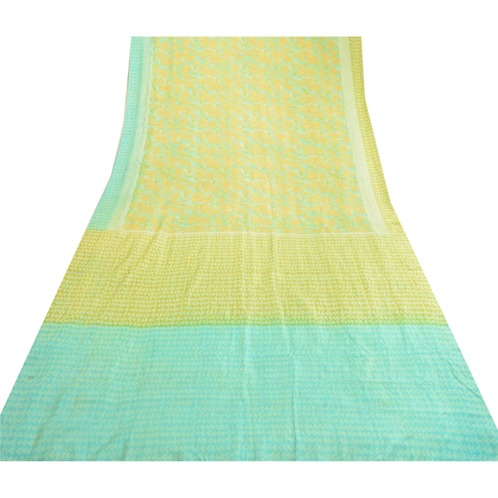 Sanskriti Vintage Green Indian Sarees 100% Pure Silk Printed Sari Craft Fabric, PR-62418-Green &amp; Blue-100% Pure Silk-8