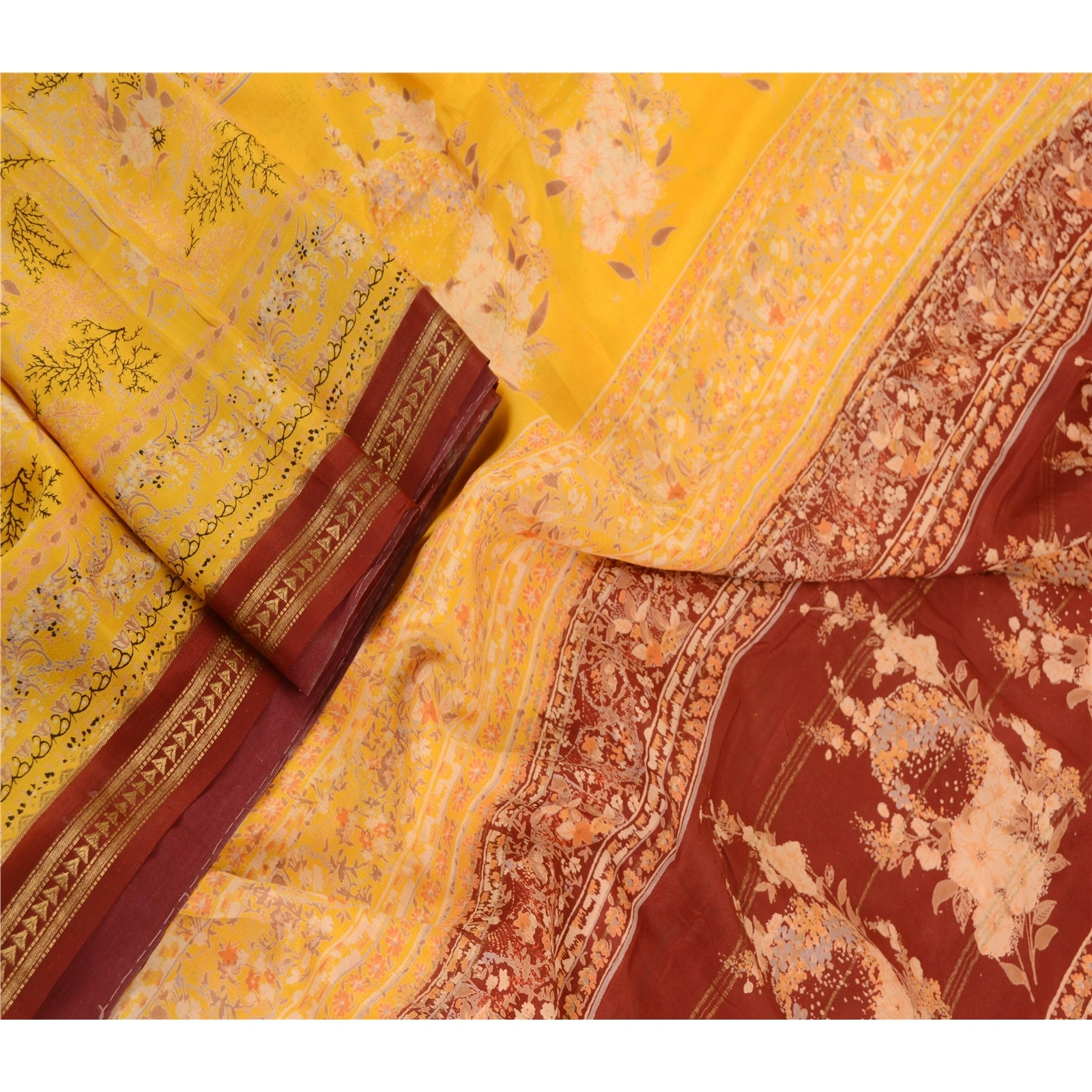 Sanskriti Vintage Sarees Canary Yellow Printed Pure Silk Zari Border Sari Fabric, PR-62427-Canary Yellow-Pure Silk-1