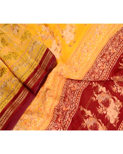 Sanskriti Vintage Sarees Canary Yellow Printed Pure Silk Zari Border Sari Fabric, PR-62427-Canary Yellow-Pure Silk-1