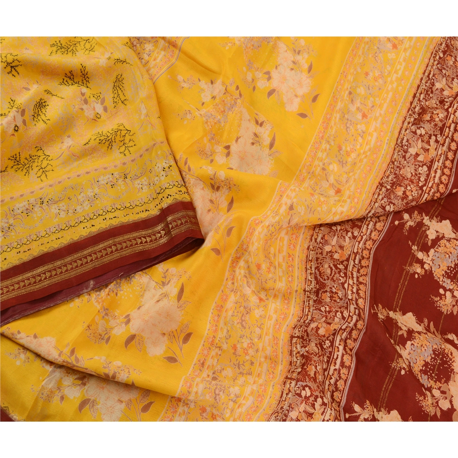 Sanskriti Vintage Sarees Canary Yellow Printed Pure Silk Zari Border Sari Fabric, PR-62427-Canary Yellow-Pure Silk-2