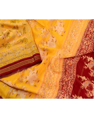 Sanskriti Vintage Sarees Canary Yellow Printed Pure Silk Zari Border Sari Fabric, PR-62427-Canary Yellow-Pure Silk-2