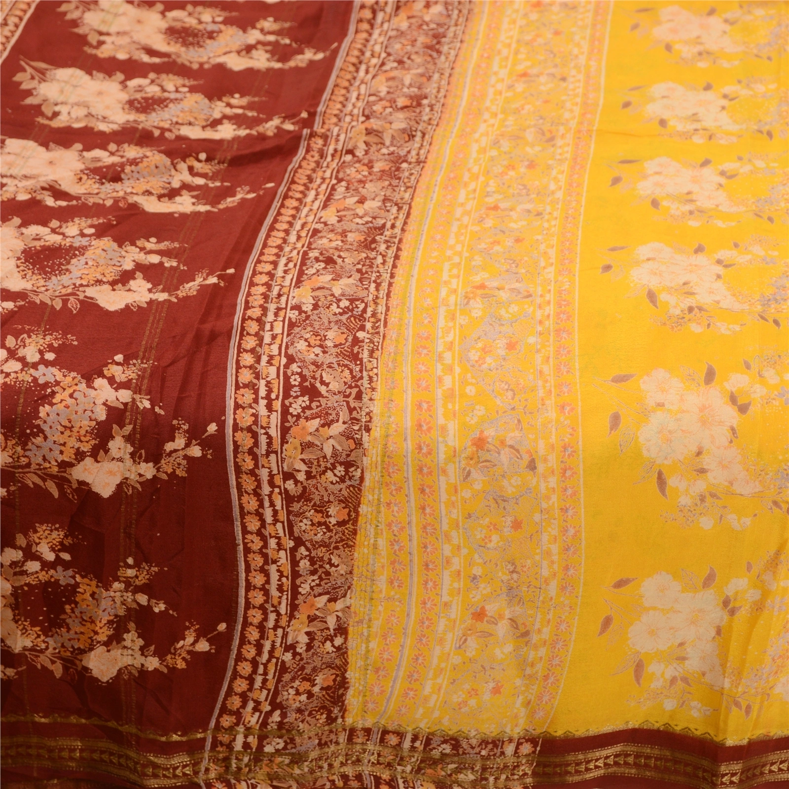 Sanskriti Vintage Sarees Canary Yellow Printed Pure Silk Zari Border Sari Fabric, PR-62427-Canary Yellow-Pure Silk-3